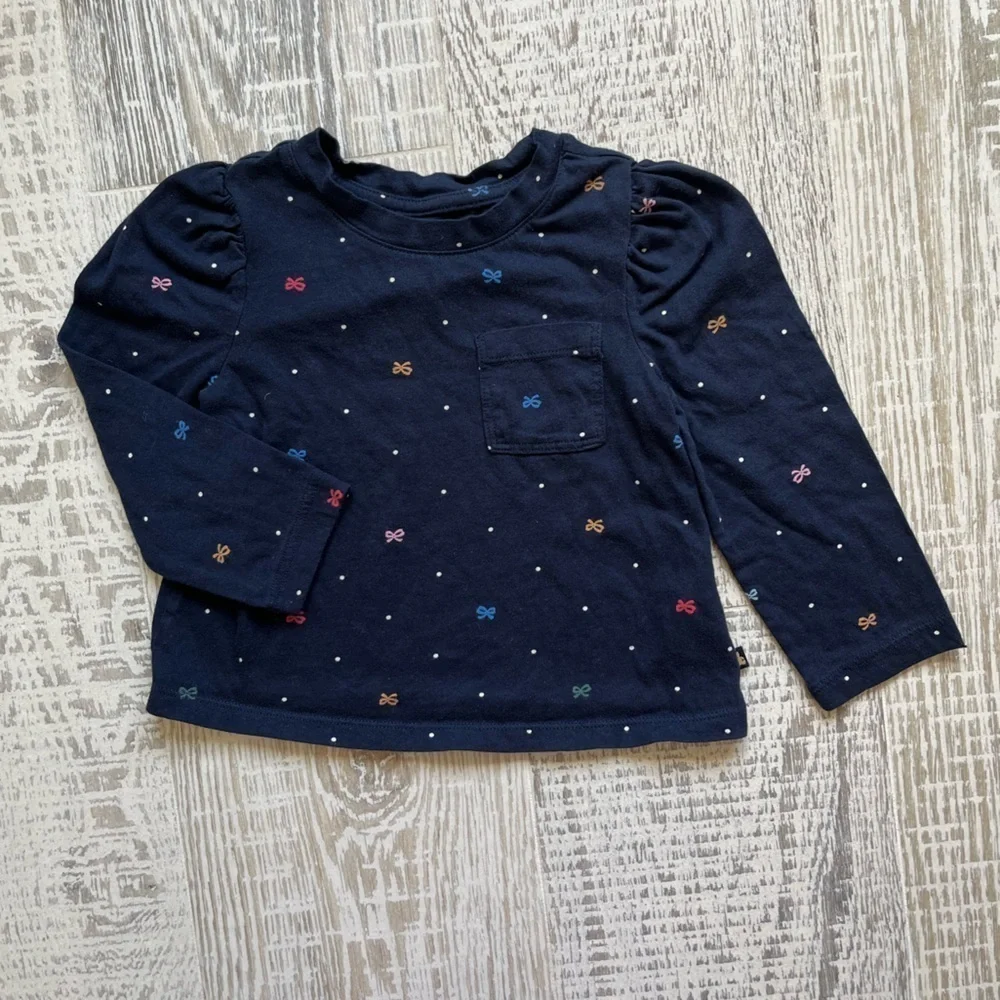 Baby Gap 3T navy blue long sleeve bows polkadot print shirt puff shoulder